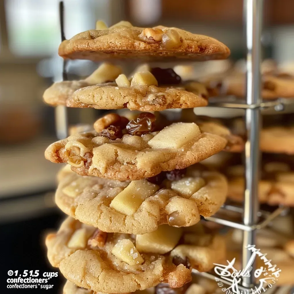 ['Close-up side view of freshly baked Spicy Pear Cookies with a glossy icing.', 'Juicy Spicy Pear Cookies showcasing diced pears and a sprinkle of spices in a side view.', 'Side view of delectable Spicy Pear Cookies with visible ingredients like walnuts and raisins.', 'Appetizing Spicy Pear Cookies highlighted with a soft texture and rich color in a close-up shot.']