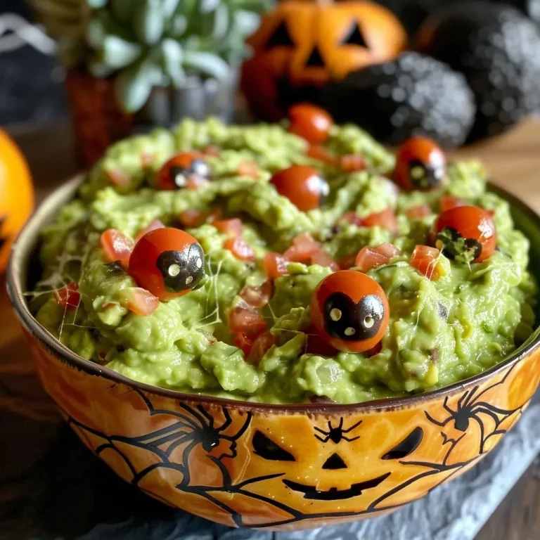 ['A close-up side view of a bowl of guacamole decorated with a spider web made of sour cream and olives.', 'A detailed shot of spooky guacamole featuring a spider web pattern created with sour cream and black olives.', 'An artistic view of vibrant guacamole topped with a creamy spider web design, garnished with olives.', 'A close-up of a bowl of green guacamole artistically arranged with a white sour cream web and olive accents.']