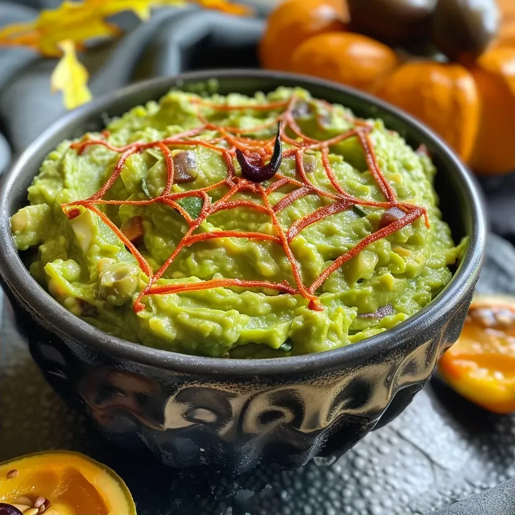 ['A close-up side view of a bowl of guacamole decorated with a spider web made of sour cream and olives.', 'A detailed shot of spooky guacamole featuring a spider web pattern created with sour cream and black olives.', 'An artistic view of vibrant guacamole topped with a creamy spider web design, garnished with olives.', 'A close-up of a bowl of green guacamole artistically arranged with a white sour cream web and olive accents.']