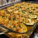 ['Close-up view of a golden-brown squash casserole with stuffing on a plate.', 'Side angle of a deliciously baked squash casserole, showcasing layers of zucchini and cheddar.', 'A hearty squash casserole with a crispy topping, featuring diced yellow squash and zucchini.', 'Juicy squash casserole served in a dish, highlighting melted cheese and stuffing mix.']
