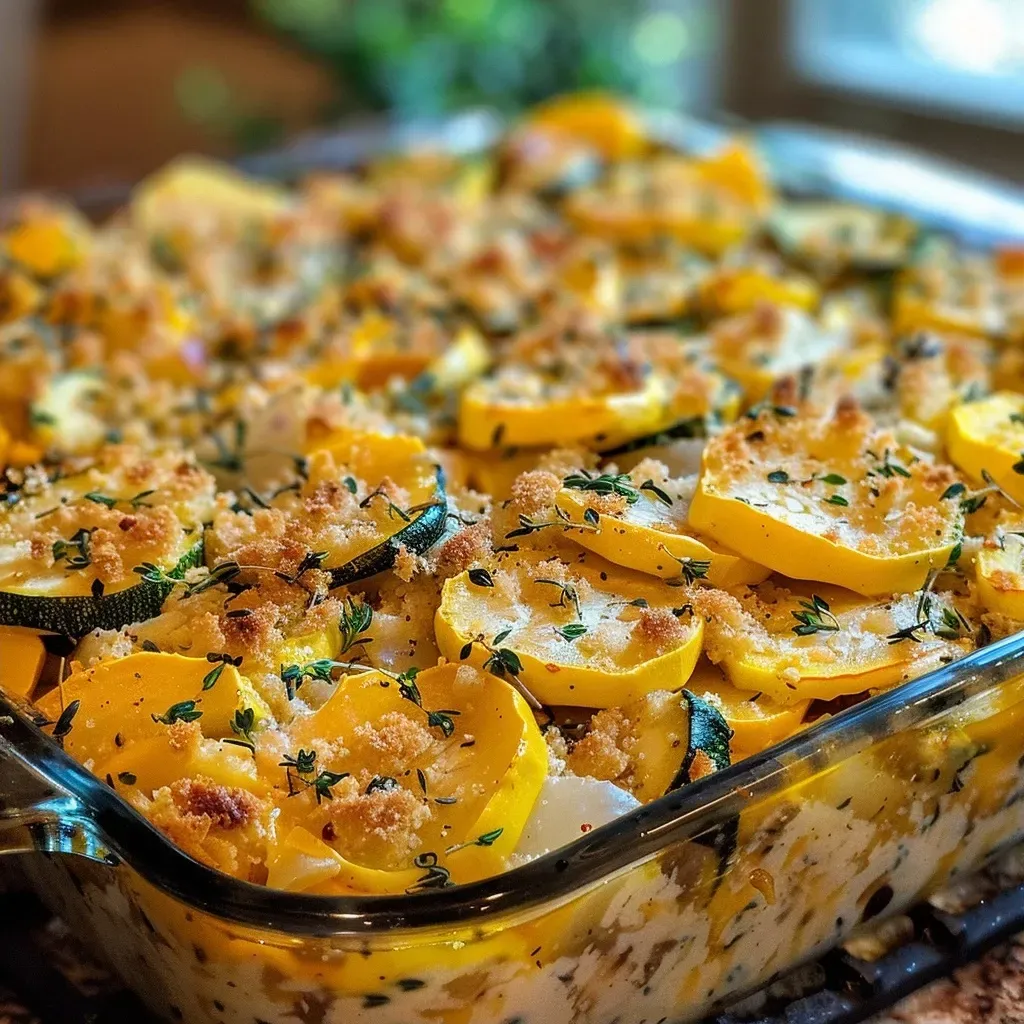 Close-up view of a golden-brown squash casserole with stuffing on a plate.