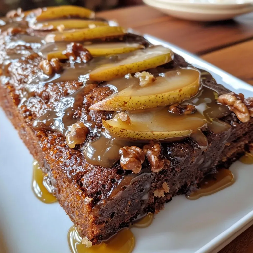 Close-up view of a moist Sticky Pear, Date & Ginger Cake with a glossy glaze.