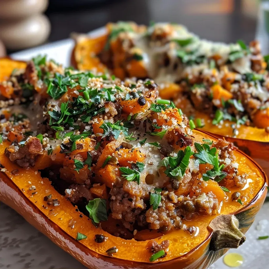 A close-up view of a stuffed butternut squash filled with colorful ingredients.