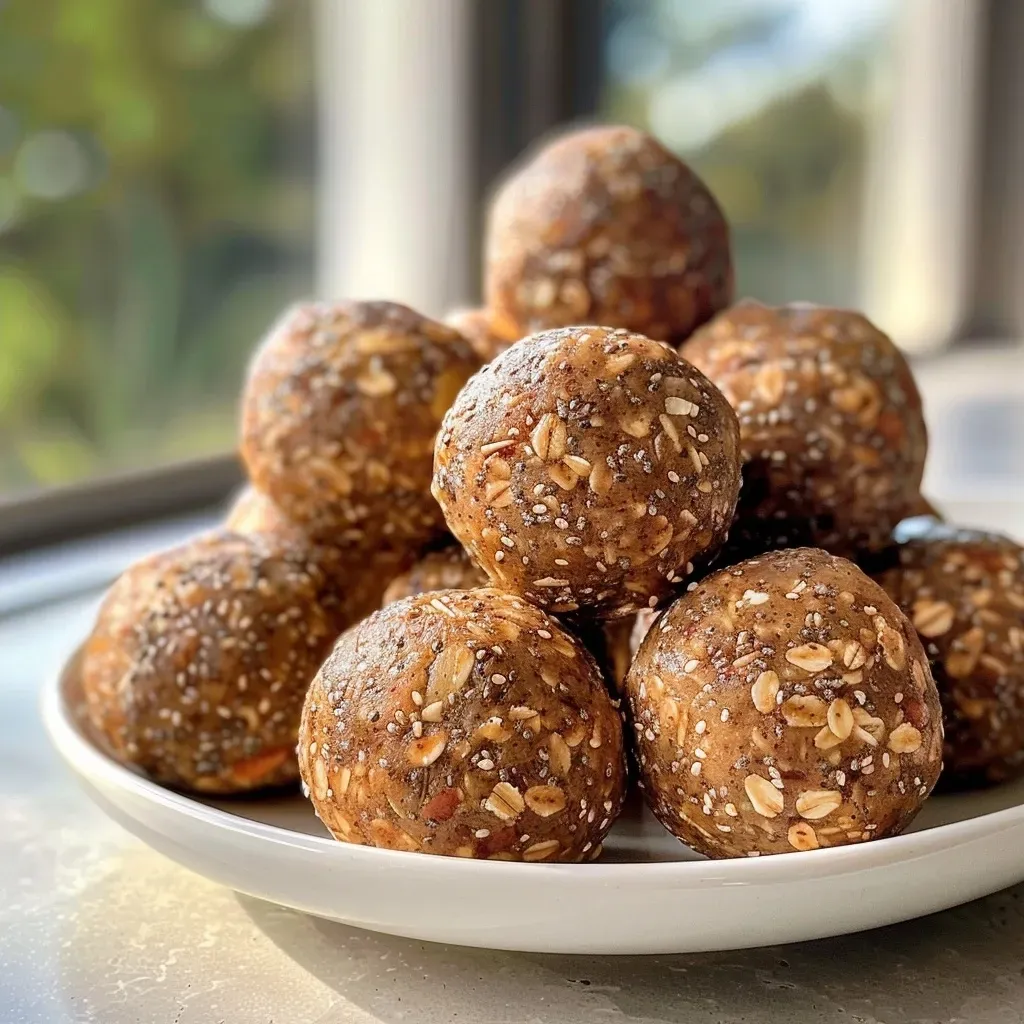 Close-up view of Sugar-Free Apple Cinnamon Energy Balls on a wooden surface.