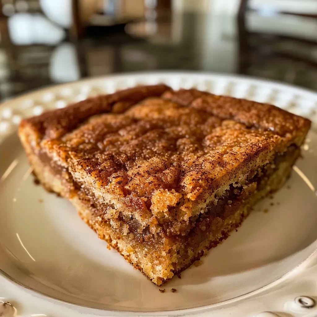Close-up side view of a slice of sugar-free cinnamon coffee cake on a plate.