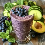 ['Close-up view of a vibrant green smoothie with blueberries and mint leaves.', 'Refreshing Summer Harvest Smoothie in a glass, showcasing its bright colors and ingredients.', 'Side view of a delicious smoothie featuring spinach, cucumber, and avocado.', 'Juicy smoothie filled with fresh blueberries and garnished with mint, captured using an iPhone.']