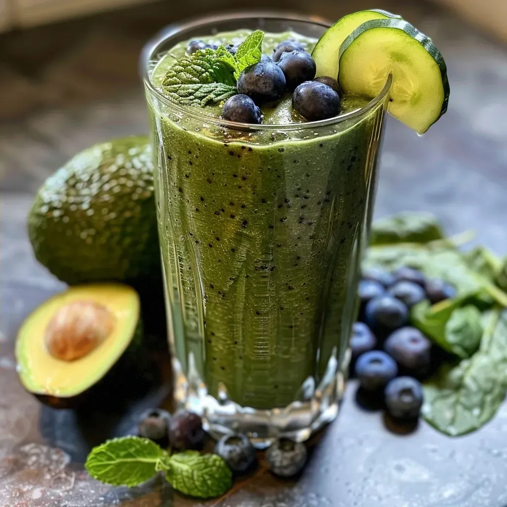['Close-up view of a vibrant green smoothie with blueberries and mint leaves.', 'Refreshing Summer Harvest Smoothie in a glass, showcasing its bright colors and ingredients.', 'Side view of a delicious smoothie featuring spinach, cucumber, and avocado.', 'Juicy smoothie filled with fresh blueberries and garnished with mint, captured using an iPhone.']