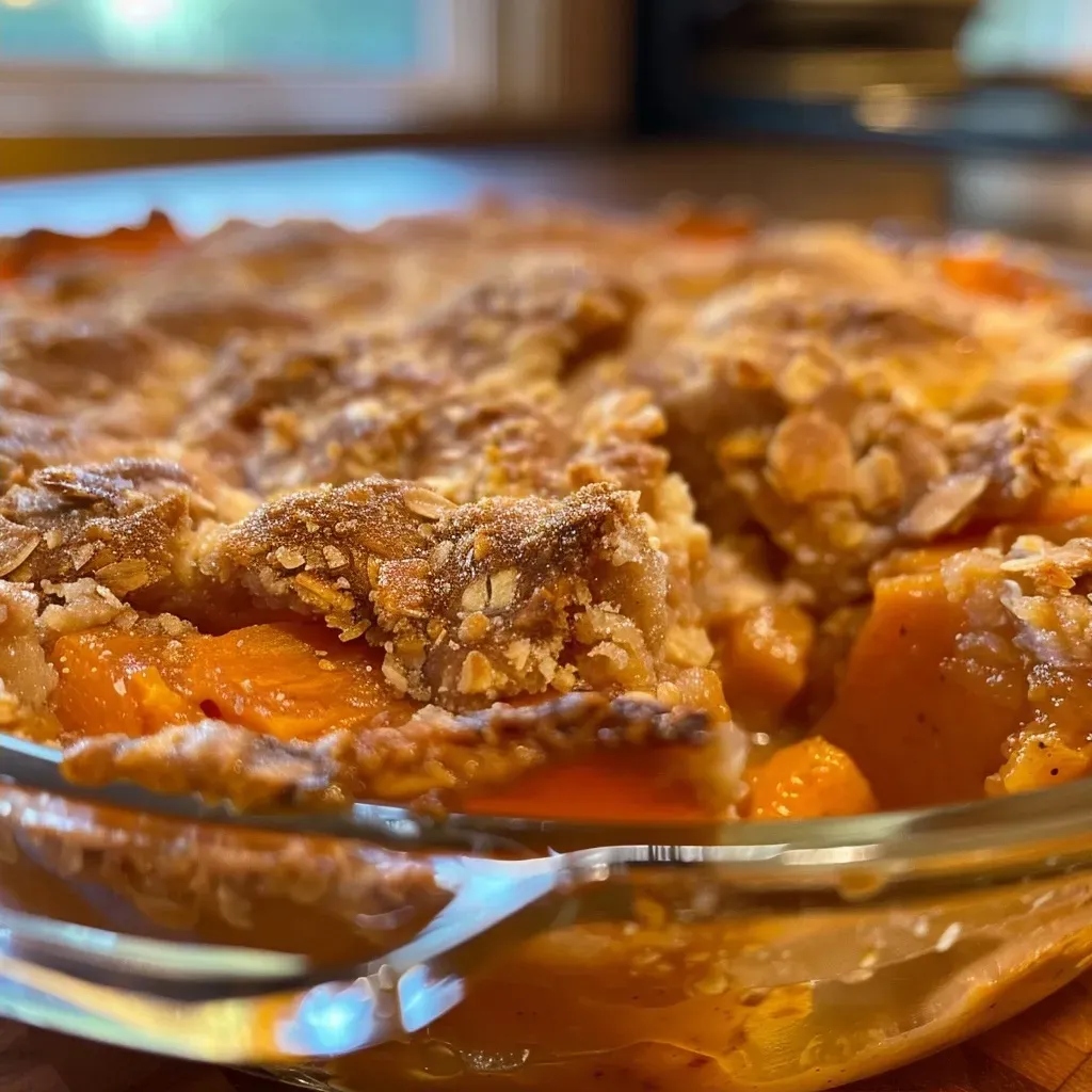 Close-up shot of a golden-brown sweet potato cobbler with a flaky crust.