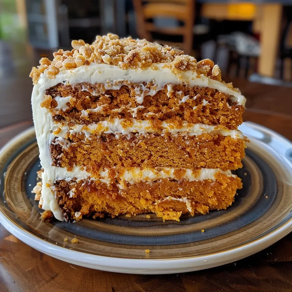 A close-up side view of a layered sweet potato cake with creamy frosting.
