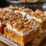 ['Side view of juicy sweet potato pie bars on a white plate.', 'Close-up of sweet potato pie bars with a golden crust and creamy filling.', 'Tasty sweet potato pie bars displayed on a rustic wooden surface.', 'Delicious sweet potato pie bars topped with a sprinkle of cinnamon.']