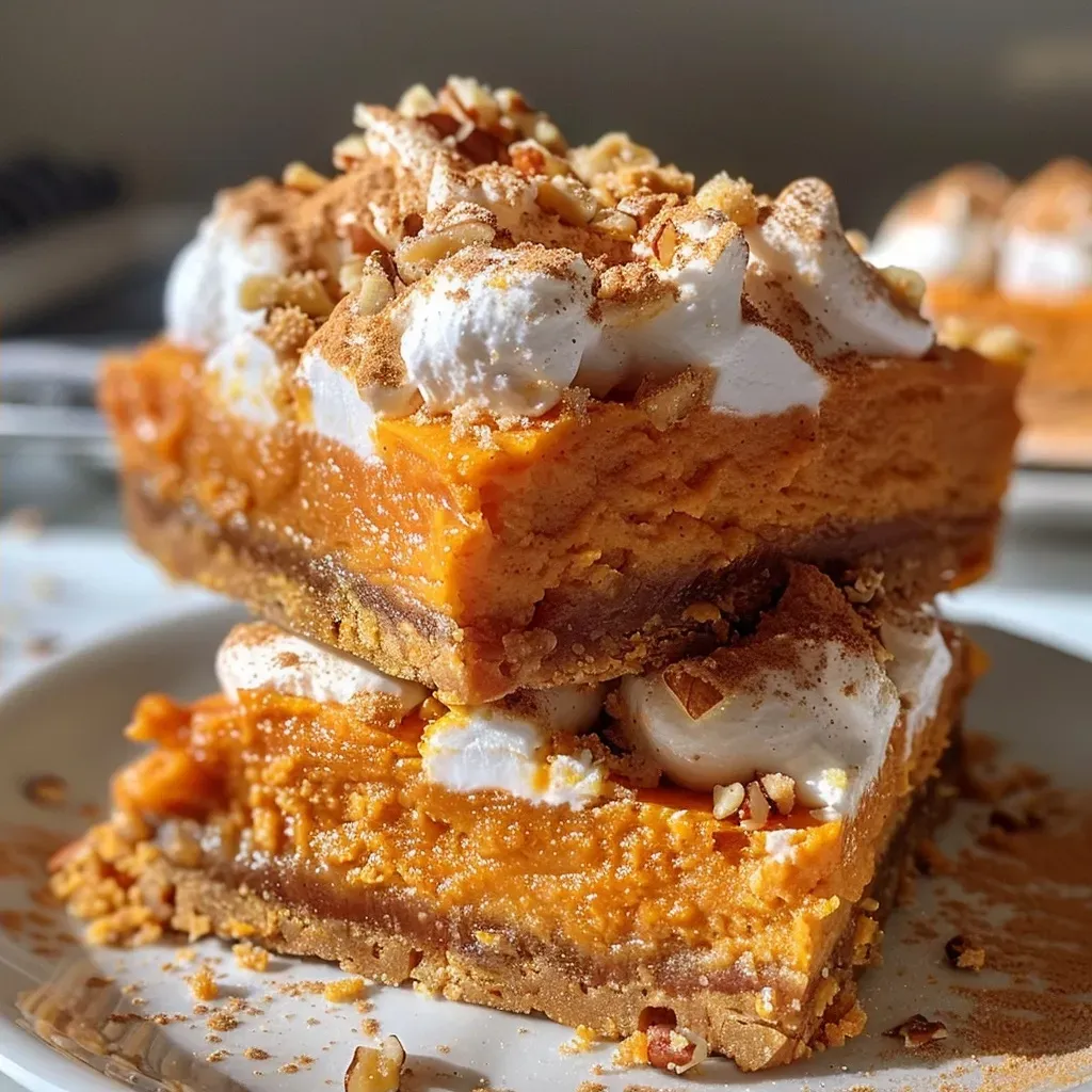 ['Side view of juicy sweet potato pie bars on a white plate.', 'Close-up of sweet potato pie bars with a golden crust and creamy filling.', 'Tasty sweet potato pie bars displayed on a rustic wooden surface.', 'Delicious sweet potato pie bars topped with a sprinkle of cinnamon.']