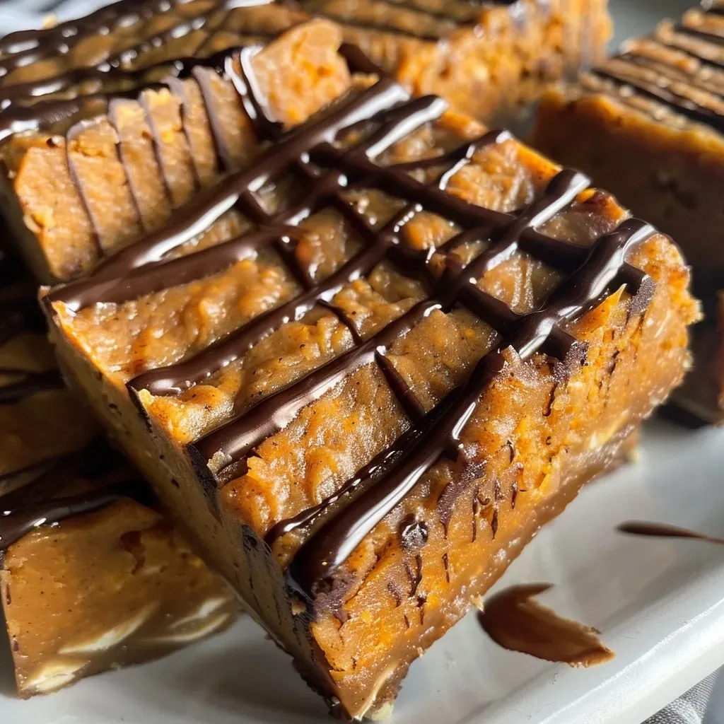 ['Close-up of Sweet Potato Protein Bars, showcasing a golden-brown texture and chocolate drizzle.', 'Side view of a stack of Sweet Potato Protein Bars, highlighting ingredients like sweet potato and chocolate.', 'A detailed shot of Sweet Potato Protein Bars, with a soft and chewy appearance, adorned with chocolate.', 'Delicious Sweet Potato Protein Bars displayed on a wooden surface, emphasizing their homemade look.']