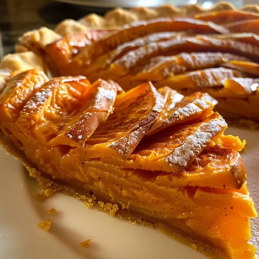 Close-up view of a golden-brown sweet potato tart with a flaky crust.