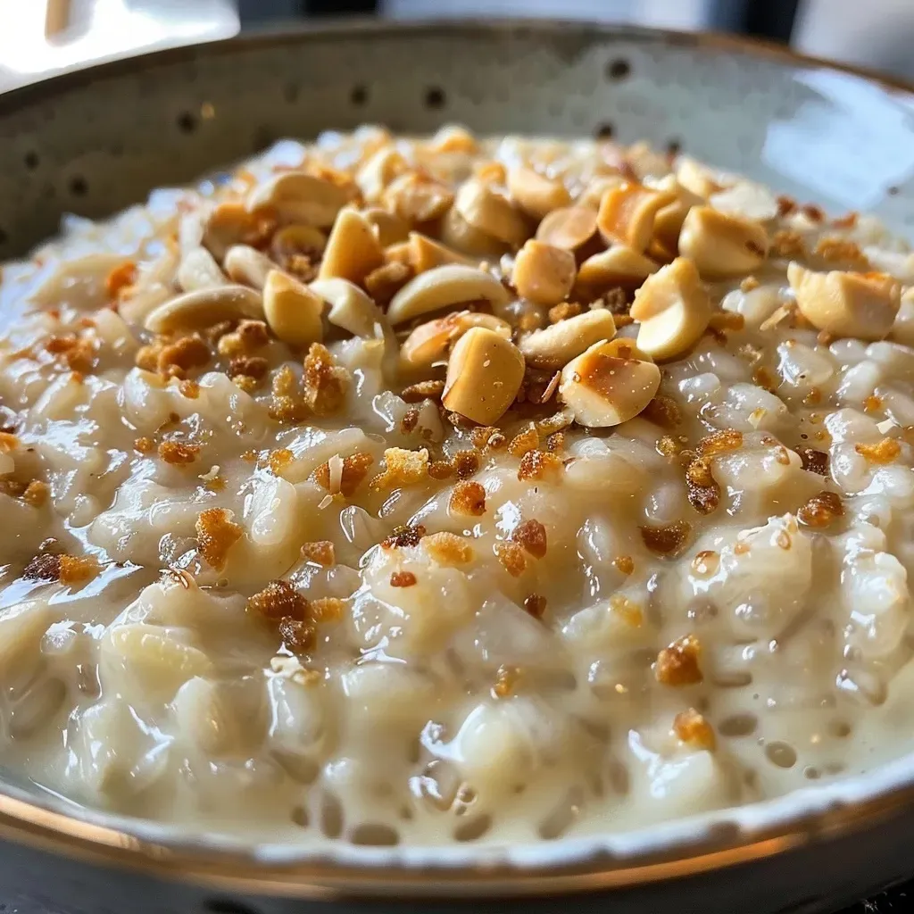 A close-up view of creamy sweet risotto topped with sliced peaches and almond flakes.