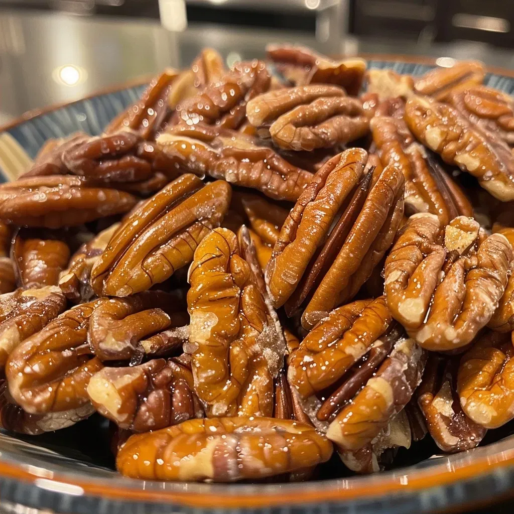 Close-up view of toasted pecans on a wooden surface.