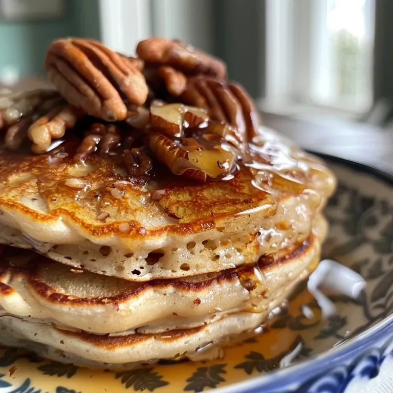 ['A close-up of golden pancakes topped with toasted coconut and pecans.', 'Fluffy pancakes made from almond flour, garnished with shredded coconut and nuts.', 'A side view of almond flour pancakes, showcasing their texture and toppings.', 'Juicy, stacked pancakes adorned with pecans and coconut in vibrant colors.']