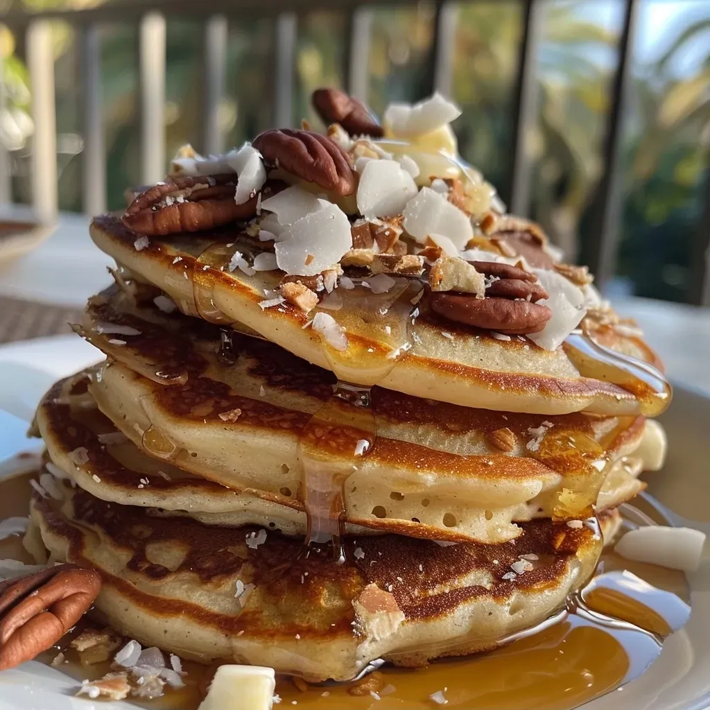 A close-up of golden pancakes topped with toasted coconut and pecans.
