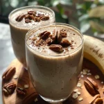 ['Close-up view of a toasted oat and pecan smoothie in a glass with a sprinkle of grated nutmeg on top.', 'Side view of a creamy smoothie made with oats and pecans, garnished with chopped pecan pieces.', 'Rich, textured smoothie featuring oats and pecans, served in a clear glass on a wooden table.', 'Thick and appetizing pecan smoothie displayed in a glass, showcasing its creamy texture.']