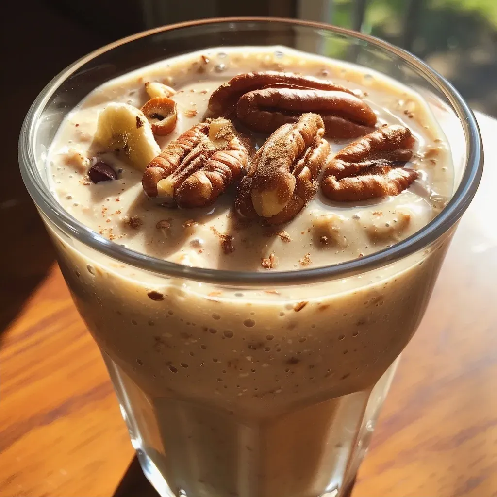 ['Close-up view of a toasted oat and pecan smoothie in a glass with a sprinkle of grated nutmeg on top.', 'Side view of a creamy smoothie made with oats and pecans, garnished with chopped pecan pieces.', 'Rich, textured smoothie featuring oats and pecans, served in a clear glass on a wooden table.', 'Thick and appetizing pecan smoothie displayed in a glass, showcasing its creamy texture.']