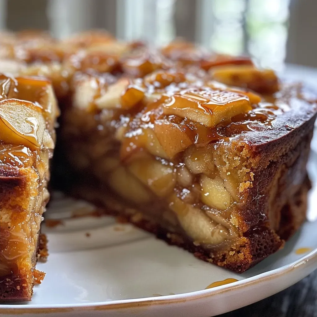 Close-up side view of a moist Toffee Apple Cake with chunks of apple visible.