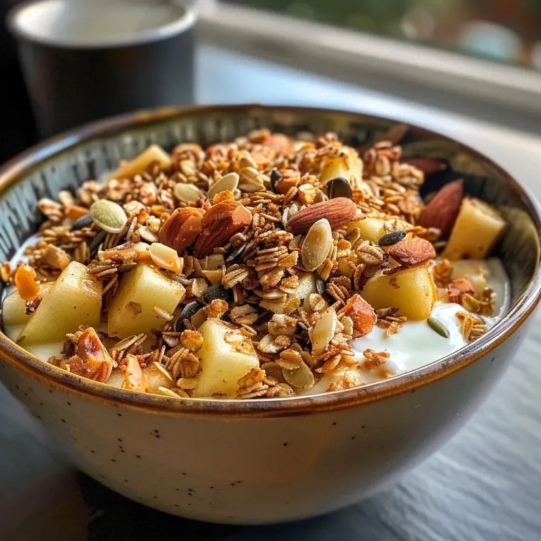 ['Close-up view of toffee apple granola with oats and maple syrup.', 'Side view of a bowl filled with toffee apple granola and yogurt.', 'Detailed shot of granola featuring toffee apple flavor and almonds.', 'Juicy toffee apple granola arranged attractively in a bowl.']