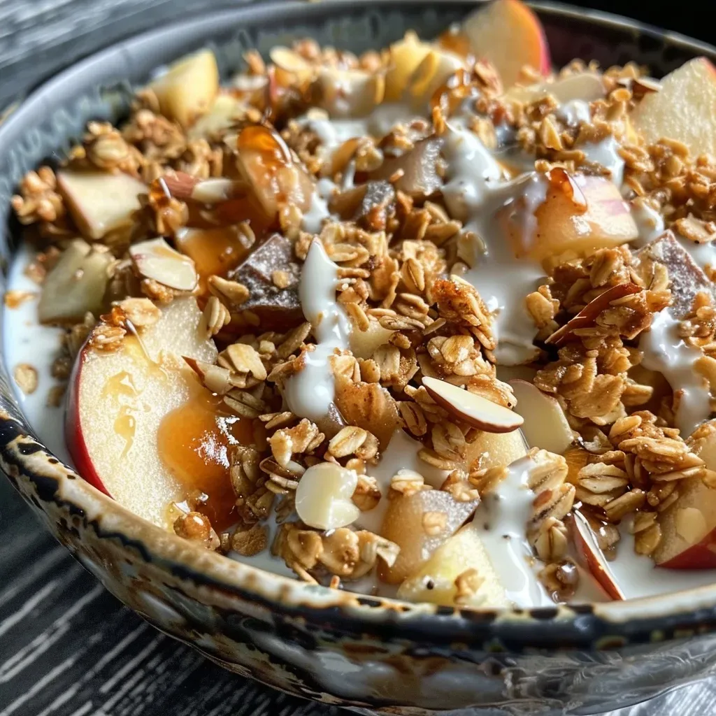 Close-up view of toffee apple granola with oats and maple syrup.