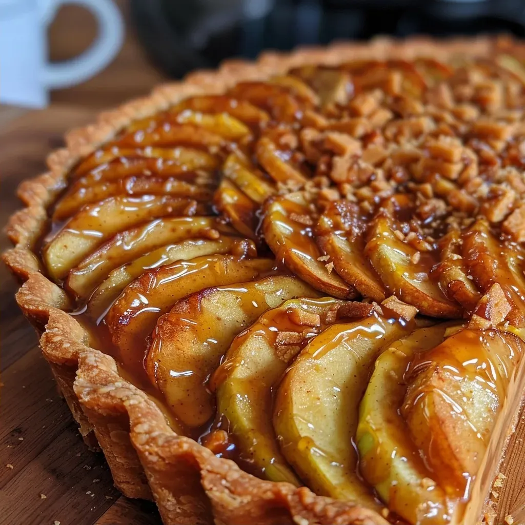 Close-up of a Toffee Apple Tart, showcasing its golden crust and sliced apples.
