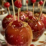 ['Close-up of shiny toffee apples with a glossy red coating.', 'Side view of delicious toffee apples on a wooden table.', 'Juicy toffee apples glistening under natural light.', 'A plate of fresh toffee apples with a thick candy coating.']