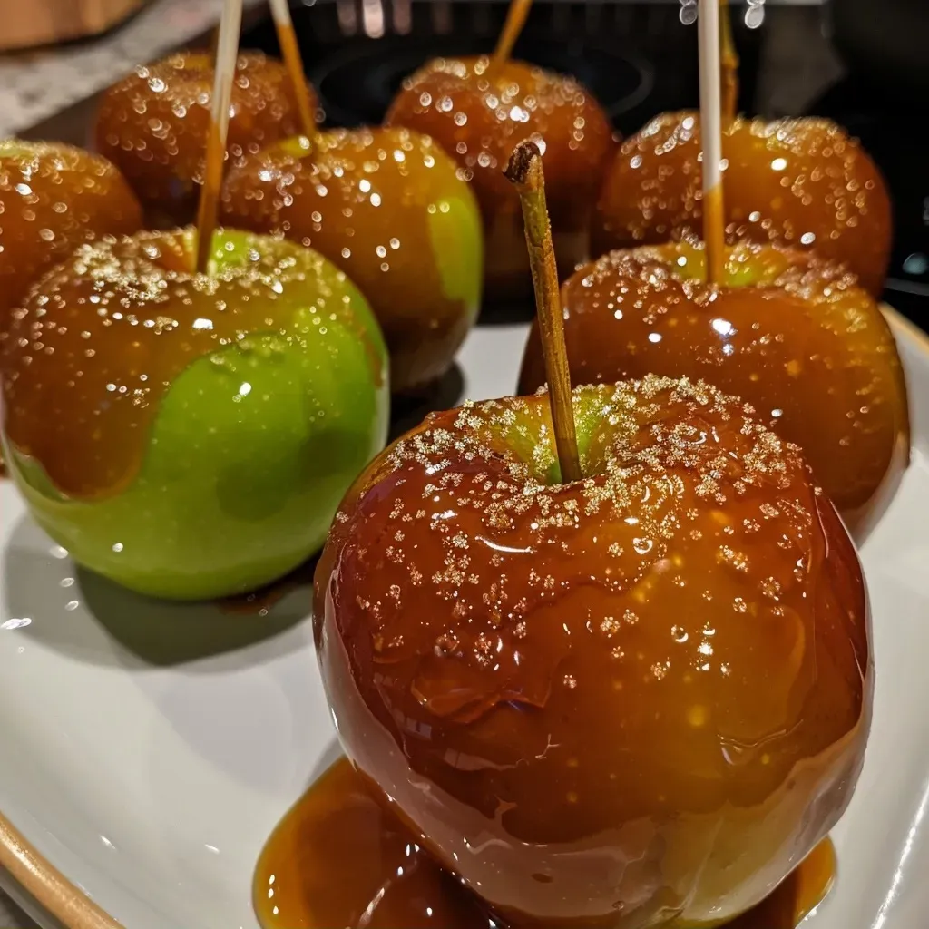 ['Close-up of shiny toffee apples with a glossy red coating.', 'Side view of delicious toffee apples on a wooden table.', 'Juicy toffee apples glistening under natural light.', 'A plate of fresh toffee apples with a thick candy coating.']