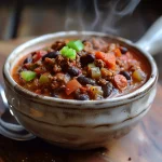 ['Close-up view of a hearty bowl of beef and bean chili with visible chunks of ground beef and beans.', 'Side perspective of a steaming bowl of chili showcasing juicy beef, kidney beans, and spices.', 'Detailed shot of high protein beef and bean chili with vibrant colors from peppers and tomatoes.', 'Lush view of a chili bowl filled with beef, beans, and herbs, garnished for presentation.']