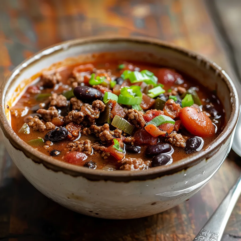 Close-up view of a hearty bowl of beef and bean chili with visible chunks of ground beef and beans.