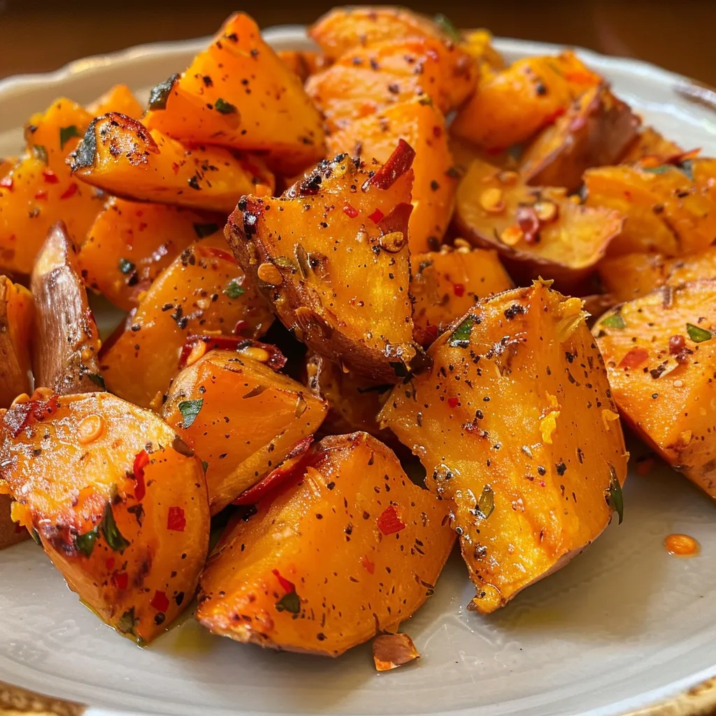 Close-up of sautéed sweet potatoes, golden and slightly caramelized, with spices visible.