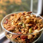['Close-up of golden-brown pumpkin spice granola with visible nuts and seeds.', 'Side view of a bowl filled with crunchy pumpkin spice granola and cranberries.', 'Textured granola showcasing oats, pumpkin seeds, and a sprinkle of pumpkin spice.', 'Delicious granola granules with a warm pumpkin hue, accented by nuts and coconut flakes.']