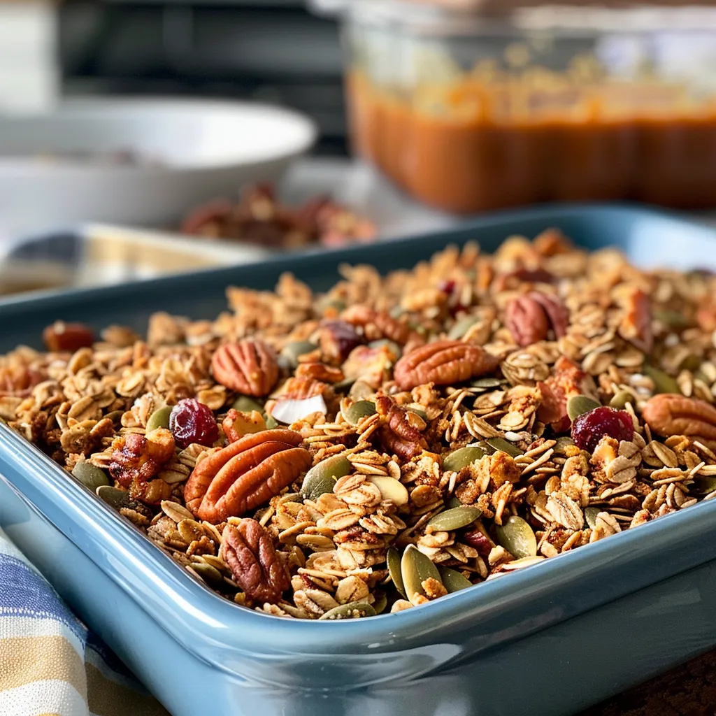 ['Close-up of golden-brown pumpkin spice granola with visible nuts and seeds.', 'Side view of a bowl filled with crunchy pumpkin spice granola and cranberries.', 'Textured granola showcasing oats, pumpkin seeds, and a sprinkle of pumpkin spice.', 'Delicious granola granules with a warm pumpkin hue, accented by nuts and coconut flakes.']