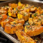 ['Close-up of a roasted pumpkin slice, glistening with garlic and spices.', 'Side view of juicy garlic roasted pumpkin with a golden-brown crust.', 'Deliciously roasted pumpkin slice topped with garlic and chili powder.', 'Appetizing photo of garlic infused roasted pumpkin, showcasing its vibrant color.']