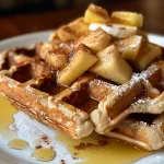 ['Close-up of a stack of golden-brown apple cinnamon waffles with a drizzle of syrup.', 'Side view of fluffy gluten-free apple cinnamon waffles topped with diced apples and yogurt.', 'Delicious apple cinnamon waffles served with a light dusting of cinnamon and fresh apples.', 'Vibrant plate of homemade apple cinnamon waffles with Greek yogurt and warm syrup.']