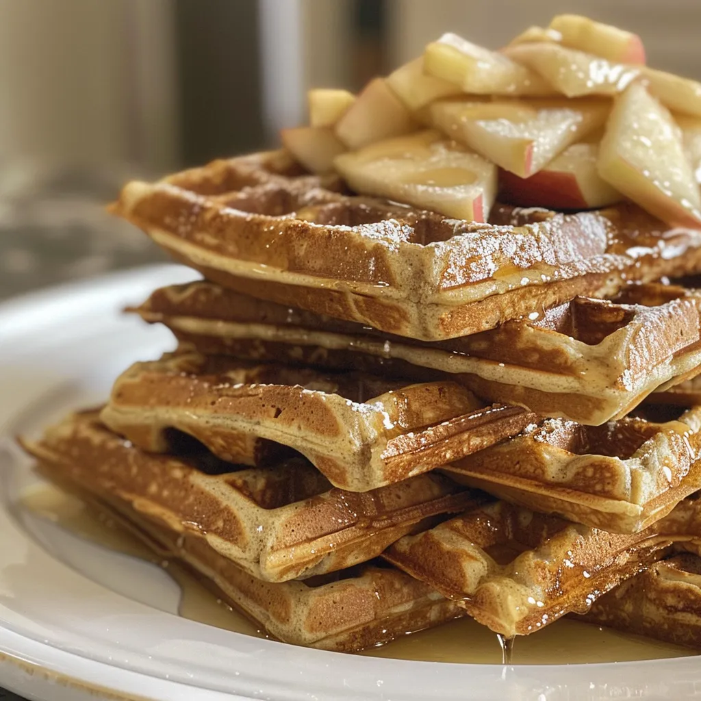 Close-up of a stack of golden-brown apple cinnamon waffles with a drizzle of syrup.