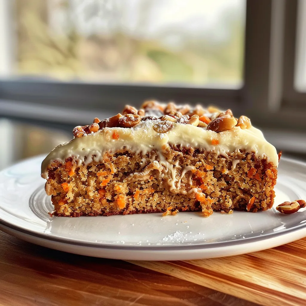 ['Close-up side view of a moist healthy carrot cake with visible layers and toppings.', 'A well-served piece of carrot cake showcasing grated carrots and walnuts on top.', 'Slice of healthy carrot cake featuring a textured surface and powdered sugar dusting.', 'Side view of a delicious carrot cake displaying rich ingredients and vibrant color.']