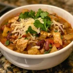 ['Close-up view of Chicken Apple Chili in a bowl, showcasing its vibrant ingredients.', 'Side perspective of a hearty Chicken Apple Chili dish, highlighting chunks of chicken and apple.', 'Juicy Chicken Apple Chili filled with colorful ingredients, displayed in a rustic bowl.', 'Detailed view of Chicken Apple Chili, emphasizing the blend of chicken, beans, and spices.']