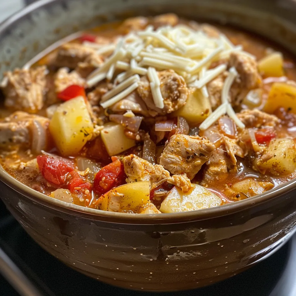 ['Close-up view of Chicken Apple Chili in a bowl, showcasing its vibrant ingredients.', 'Side perspective of a hearty Chicken Apple Chili dish, highlighting chunks of chicken and apple.', 'Juicy Chicken Apple Chili filled with colorful ingredients, displayed in a rustic bowl.', 'Detailed view of Chicken Apple Chili, emphasizing the blend of chicken, beans, and spices.']