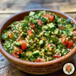 ['A close-up view of Classic Tabbouleh, showcasing bulgur, diced tomatoes, and fresh herbs.', 'Side view of a vibrant bowl of Classic Tabbouleh, highlighting parsley, mint, and vegetables.', 'Detailed shot of a Classic Tabbouleh salad with colorful ingredients like cucumber and lemon.', 'Freshly prepared Classic Tabbouleh displayed with parsley and other fresh, diced vegetables.']