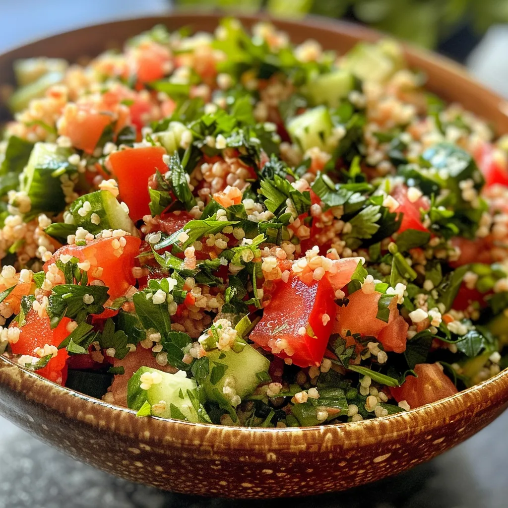 ['A close-up view of Classic Tabbouleh, showcasing bulgur, diced tomatoes, and fresh herbs.', 'Side view of a vibrant bowl of Classic Tabbouleh, highlighting parsley, mint, and vegetables.', 'Detailed shot of a Classic Tabbouleh salad with colorful ingredients like cucumber and lemon.', 'Freshly prepared Classic Tabbouleh displayed with parsley and other fresh, diced vegetables.']
