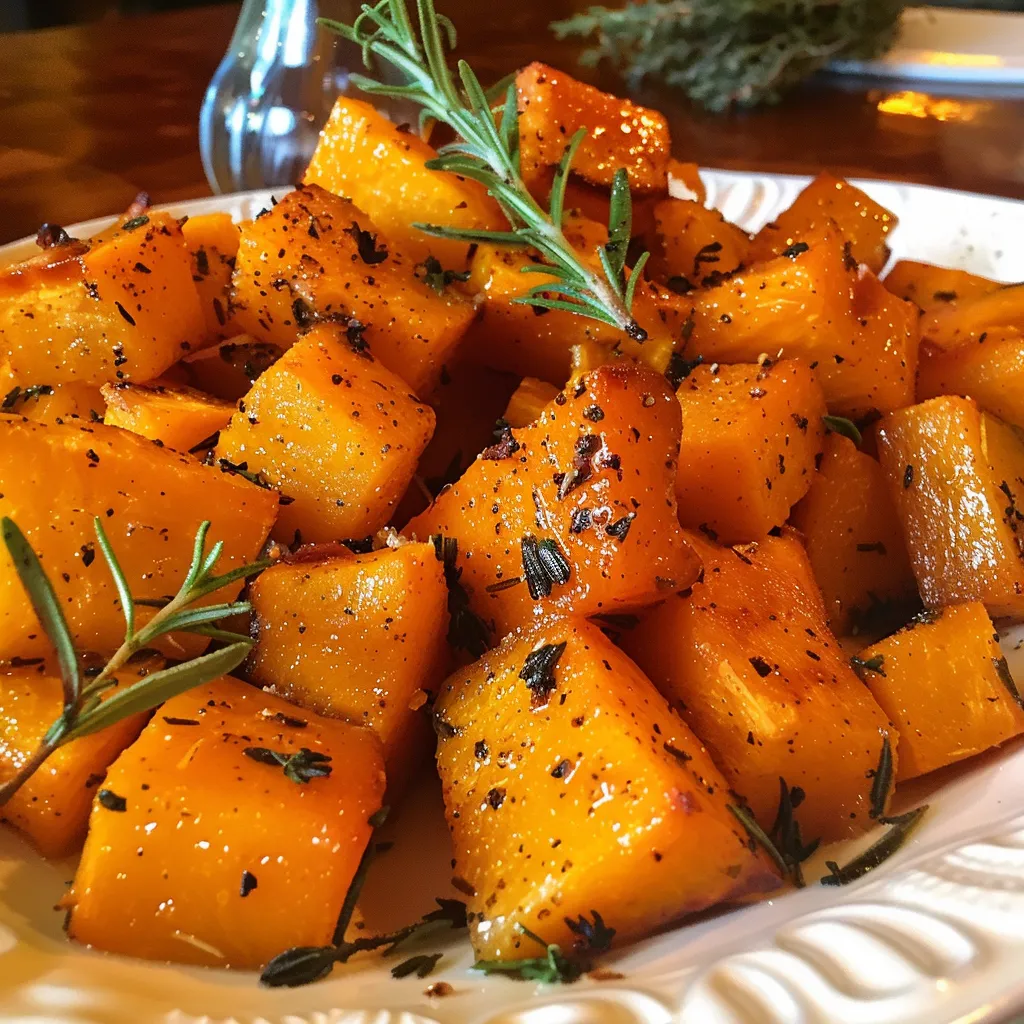 ['Close-up view of baked butternut squash, showcasing its golden-brown exterior.', 'Juicy butternut squash, caramelized and glistening, arranged on a plate.', 'Side angle of oven-baked butternut squash, with butter and spices visibly melted.', 'Freshly baked butternut squash highlighted, emphasizing its tempting texture and glaze.']
