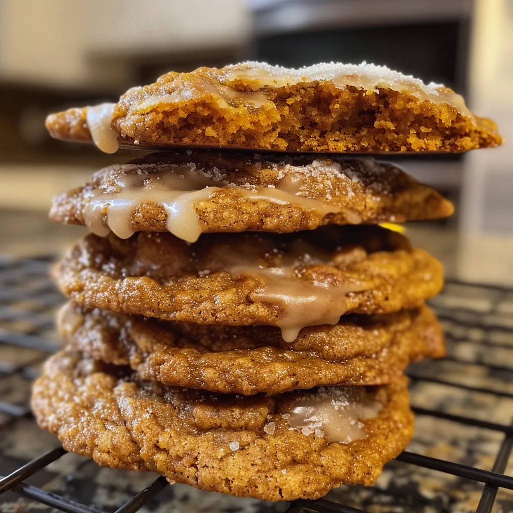 ['Close-up view of Pumpkin Coffee Cake Cookies on a plate, showcasing a warm, golden-brown texture.', 'Side angle shot of freshly baked Pumpkin Coffee Cake Cookies, highlighting their soft, inviting appearance.', 'Detailed image of Pumpkin Coffee Cake Cookies, emphasizing their moist, cake-like consistency and rich color.', 'Irresistible close-up of Pumpkin Coffee Cake Cookies with a sprinkle of powdered sugar, revealing their deliciousness.']