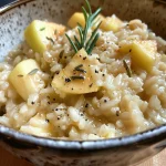 ['Close-up view of creamy apple risotto with grated apples and herbs.', 'Side view of a bowl of apple risotto topped with parmesan and rosemary.', 'Delicious apple risotto in a rustic bowl, featuring grated apples and herbs.', 'Aromatic apple risotto showcasing a mix of apples and creamy texture.']