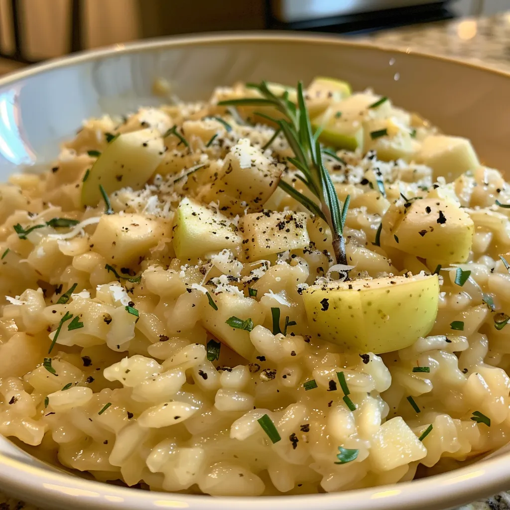 ['Close-up view of creamy apple risotto with grated apples and herbs.', 'Side view of a bowl of apple risotto topped with parmesan and rosemary.', 'Delicious apple risotto in a rustic bowl, featuring grated apples and herbs.', 'Aromatic apple risotto showcasing a mix of apples and creamy texture.']