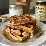 ['Close-up view of golden-brown vegan gluten-free chai spiced waffles drizzled with syrup.', 'Side view of stacked vegan gluten-free chai spiced waffles, highlighting their fluffy texture.', 'Deliciously plated vegan gluten-free chai spiced waffles topped with maple syrup and a sprinkle of spices.', 'Appetizing close-up of vegan gluten-free chai spiced waffles, showcasing their warm color and inviting appearance.']