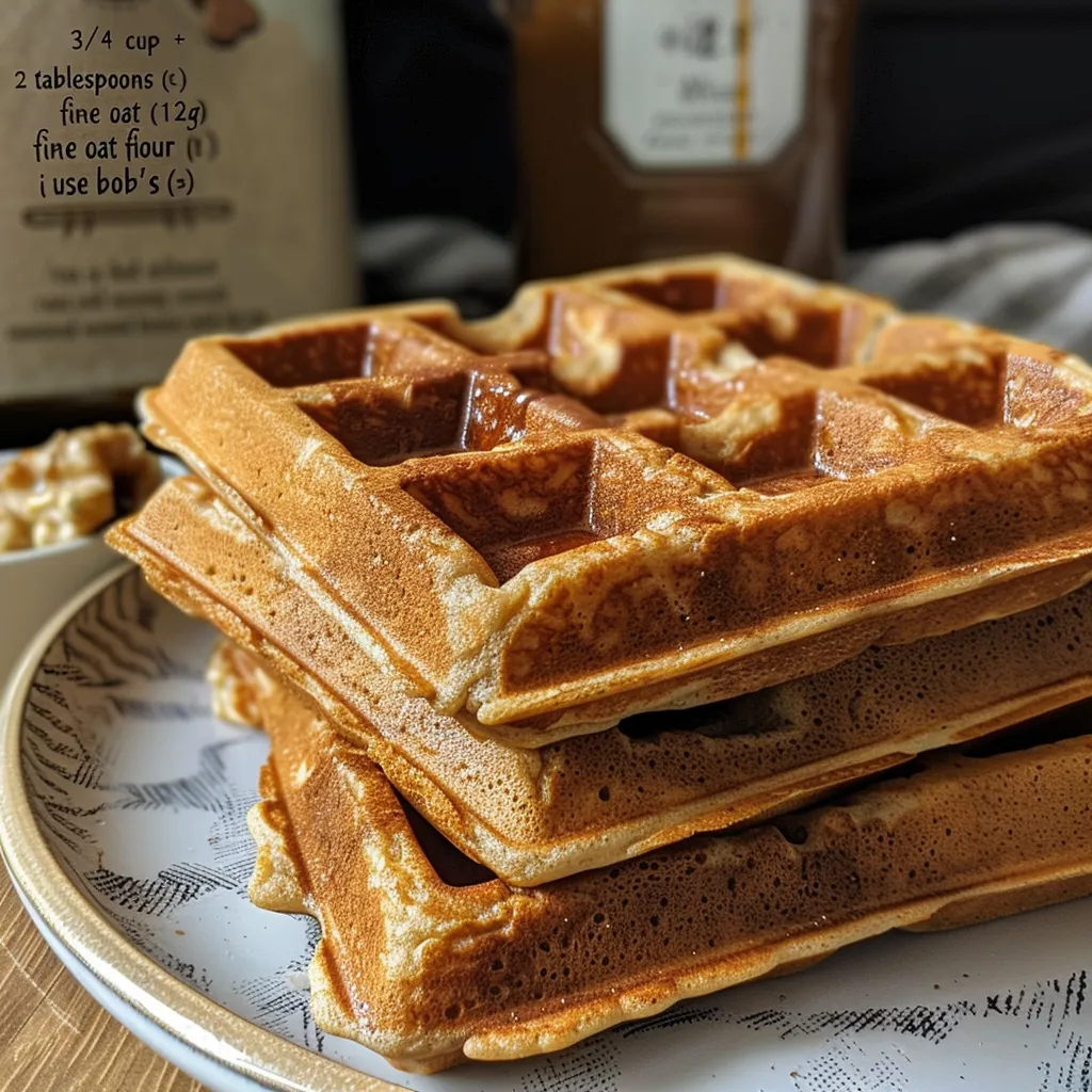Close-up view of golden-brown vegan gluten-free chai spiced waffles drizzled with syrup.