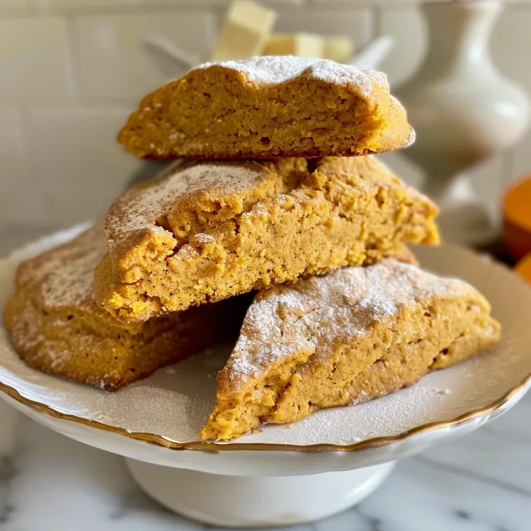 ['Close-up of golden-brown pumpkin scones with a crumbly texture.', 'Side view of classic pumpkin scones highlighting their soft, inviting appearance.', 'Juicy classic pumpkin scones with a sprinkle of coarse sugar on top.', 'Delicious pumpkin scones arranged on a plate, showcasing their rich color.']