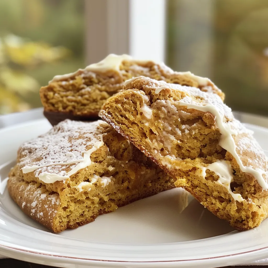 Close-up of golden-brown pumpkin scones with a crumbly texture.